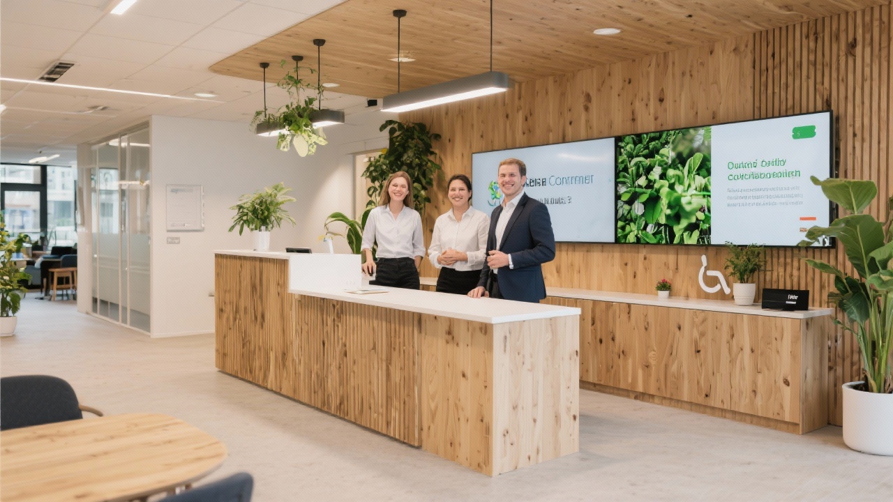 Consultants smiling in welcoming office reception with natural wood finishes, indoor plants, digital signage and accessibility features ready to support Dutch organisations with sustainability enquiries.