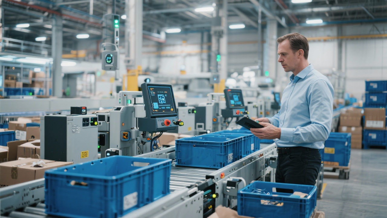 Engineer inspecting automated sorting line with reusable packaging crates, IoT sensors and quality monitors inside circular logistics hub emphasizing reduction of waste and closed-loop resource recovery.