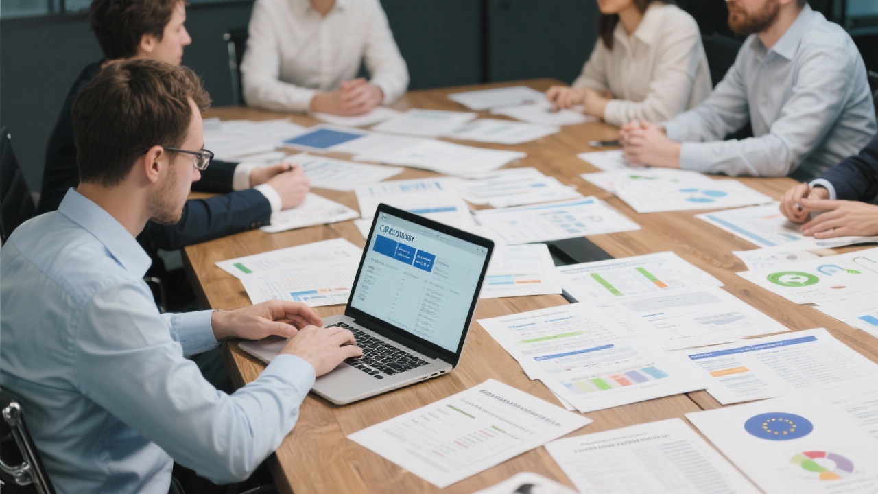Analyst reviewing CSRD compliance templates on laptop while colleagues collaborate around large table covered with reporting frameworks, assurance checklists and European sustainability regulation references.