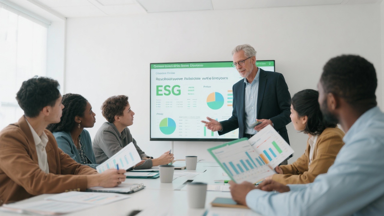 Senior consultant facilitating ESG workshop with diverse executives reviewing data dashboards, policy binders and benchmarking charts inside bright conference room focused on responsible investment decisions.