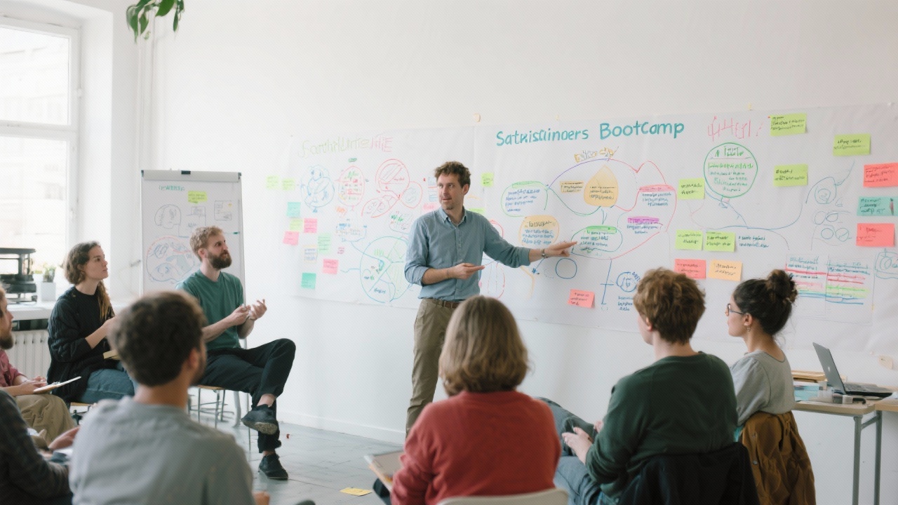 Facilitator guiding sustainability bootcamp in bright studio where multidisciplinary participants map stakeholder interests on whiteboards filled with colourful diagrams and data annotations.